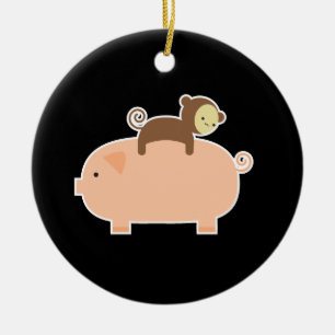 Baby Monkey Riding Backwards on a Pig Ceramic Tree Decoration