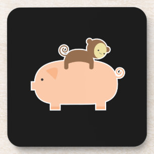 Baby Monkey Riding Backwards on a Pig Coaster