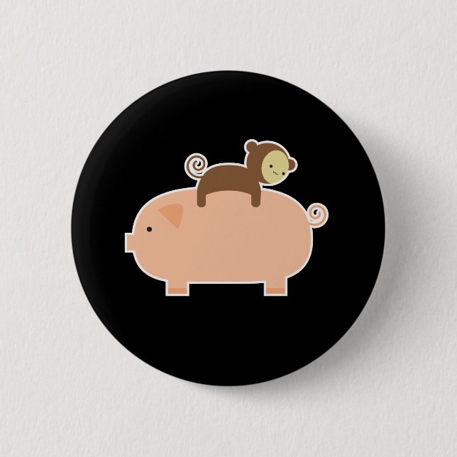 Baby Monkey Riding on a Pig 6 Cm Round Badge (Front)