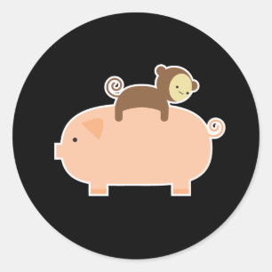 Baby Monkey Riding on a Pig Classic Round Sticker
