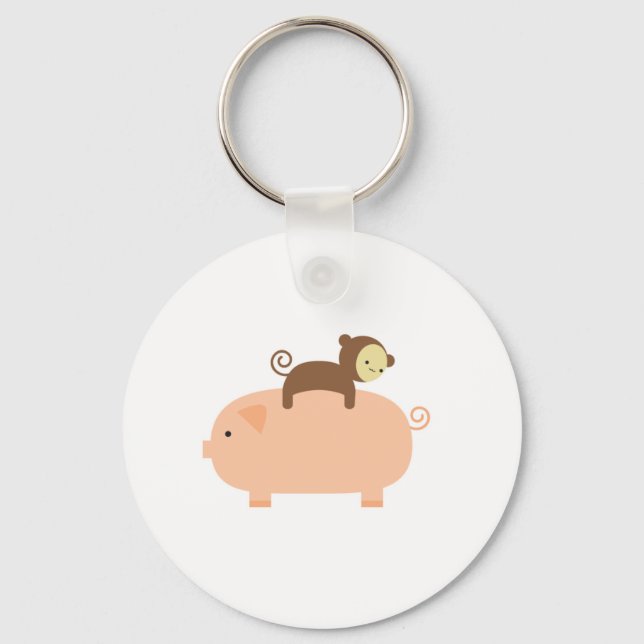 Baby Monkey Riding on a Pig Key Ring (Front)