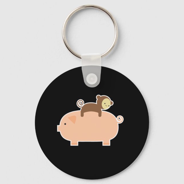 Baby Monkey Riding on a Pig Key Ring (Front)