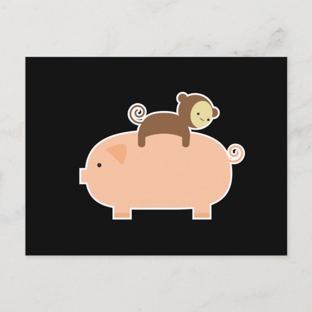 Baby Monkey Riding on a Pig Postcard (Front)