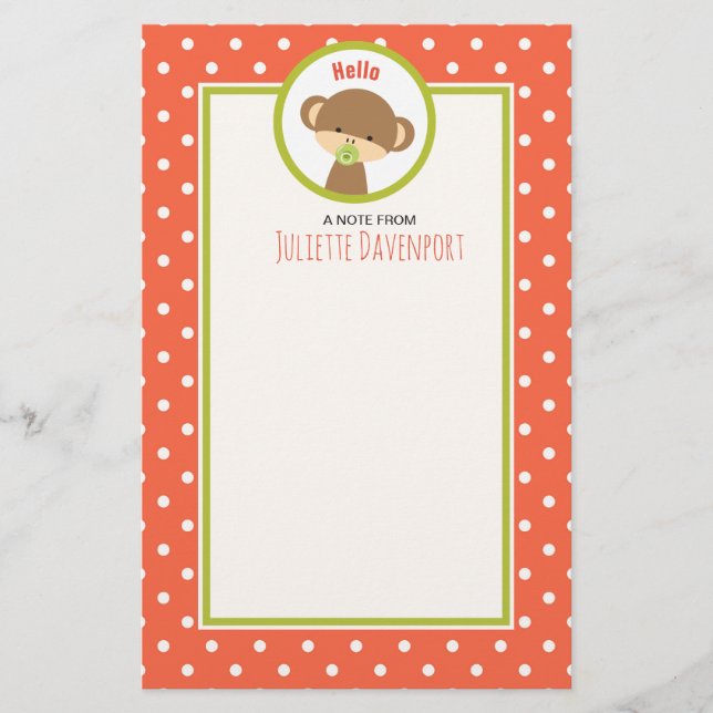 Baby Monkey with a Pacifier on Polka Dots Hello Stationery (Front)