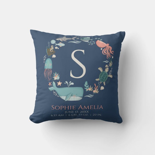 Baby Monogram Birth Stats Blue Under the Sea Cushion (Front)