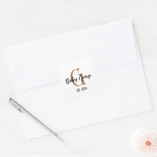 Baby monogram name minimal simple  square sticker (Envelope)
