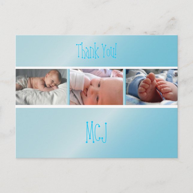 Baby monogram thank you, insert your photos announcement postcard (Front)