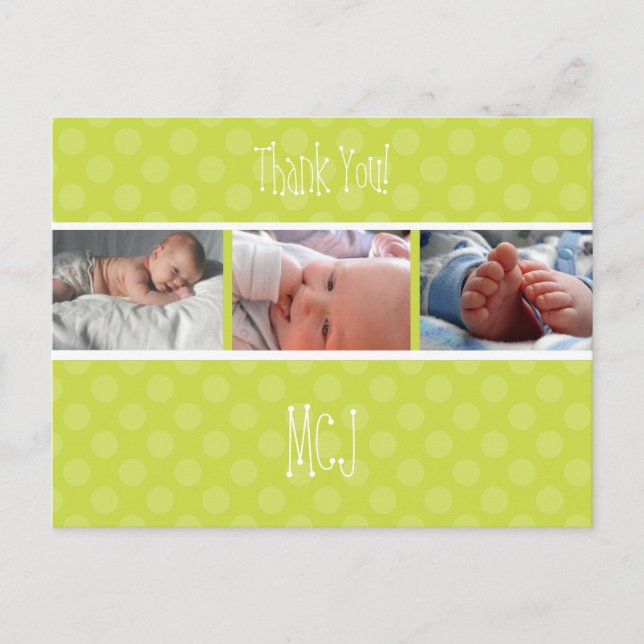 Baby monogram thank you, polka dots announcement postcard (Front)