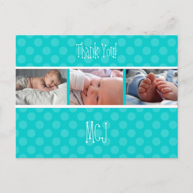 Baby monogram thank you, polka dots announcement postcard (Front)