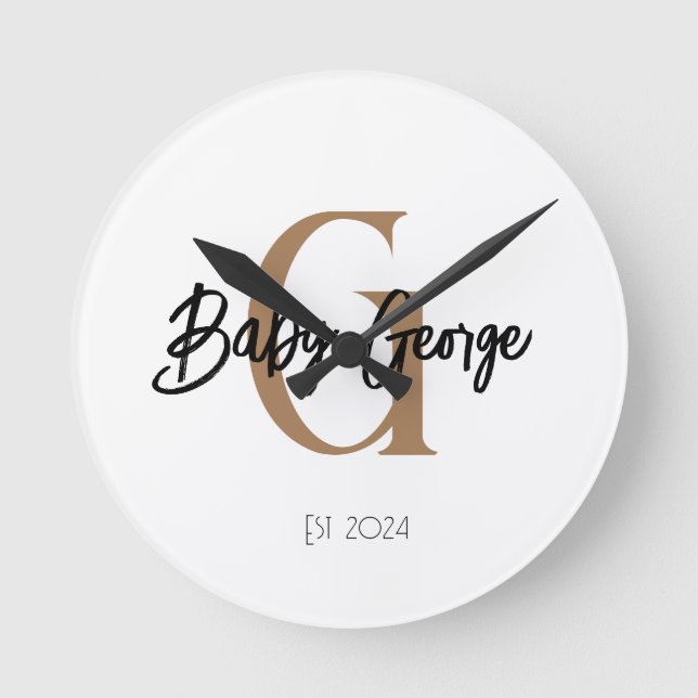 baby monogram unisex gift name personalise minimal round clock (Front)
