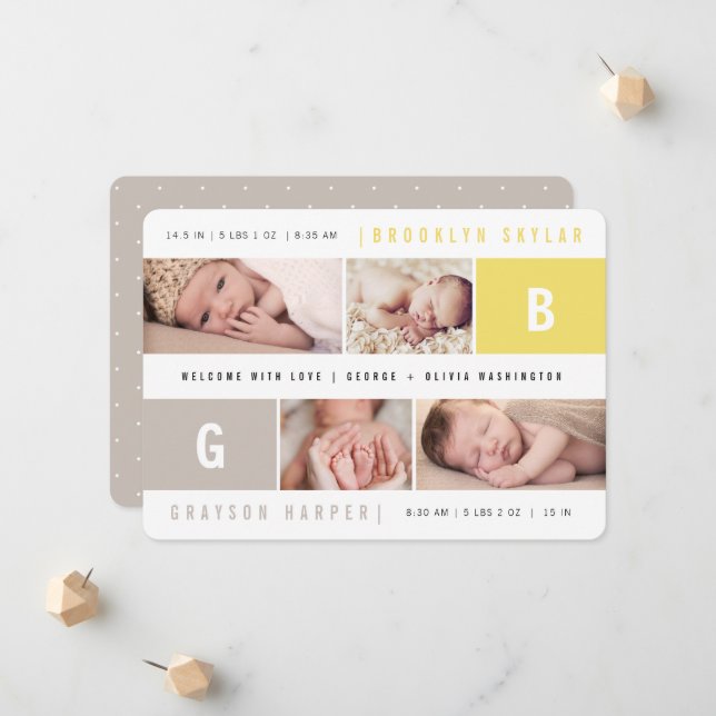 Baby Monograms Boy Girl Twins Yellow 4 Photo Birth Announcement (Front/Back In Situ)