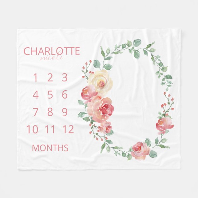 Baby Months Blush Pink Floral Monogrammed Fleece Blanket (Front (Horizontal))