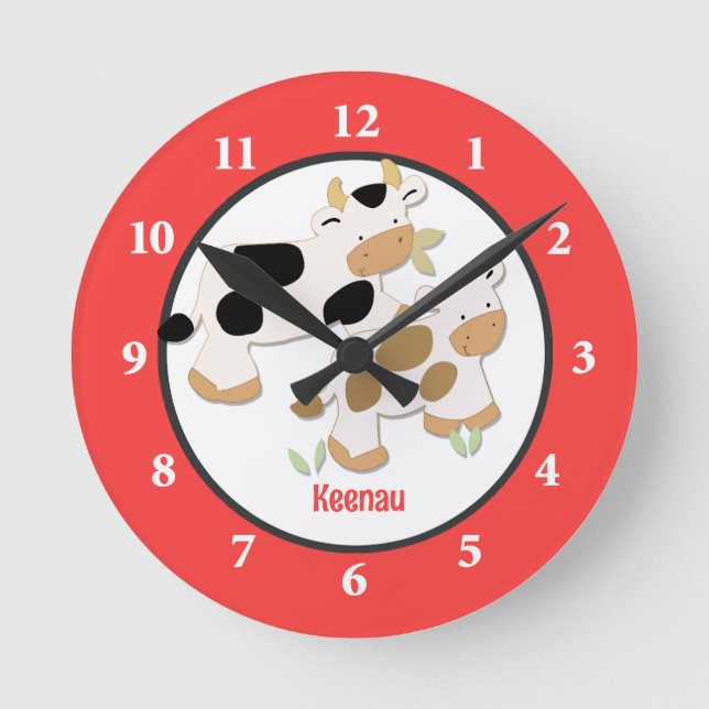 Baby Moo Cow Farm Personalised Wall Clock Red (Front)