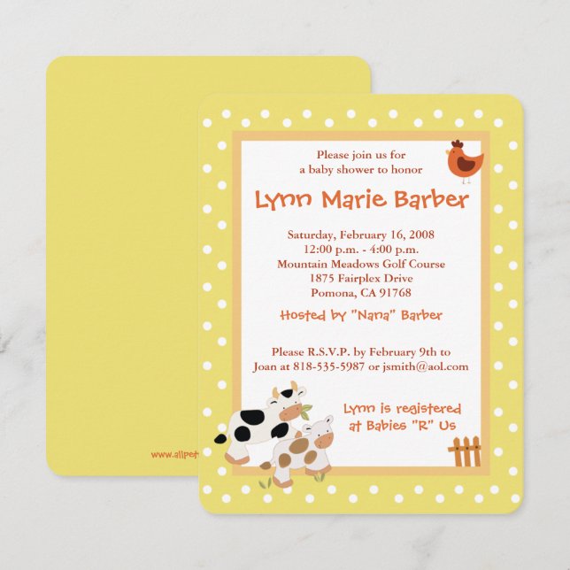 Baby Moo Cow Farm Yard Baby Shower Yellow Invitation (Front/Back)