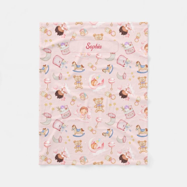 Baby Moon Star Bear Toys Themed Personalised Fleece Blanket (Front)