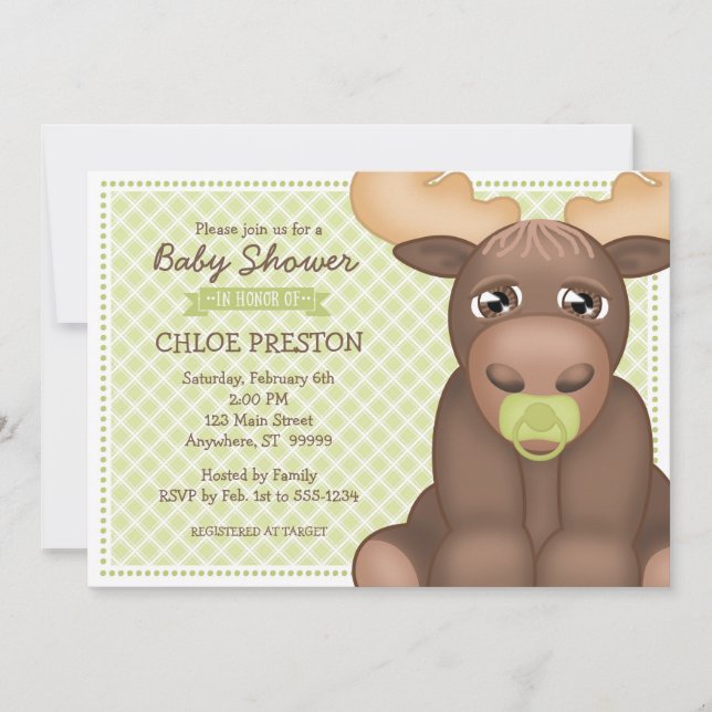Baby Moose Baby Shower Invitation - Green & Brown (Front)