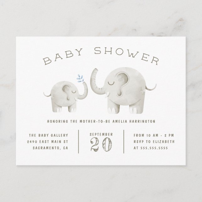 Baby & Mother Elephant Gender Neutral Baby Shower Invitation Postcard (Front)