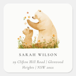 Baby Mum Bear Floral Neutal Watercolor Addrerss Square Sticker