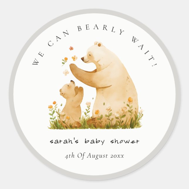 Baby Mum Bearly Wait Floral Neutal Baby Shower Classic Round Sticker (Front)