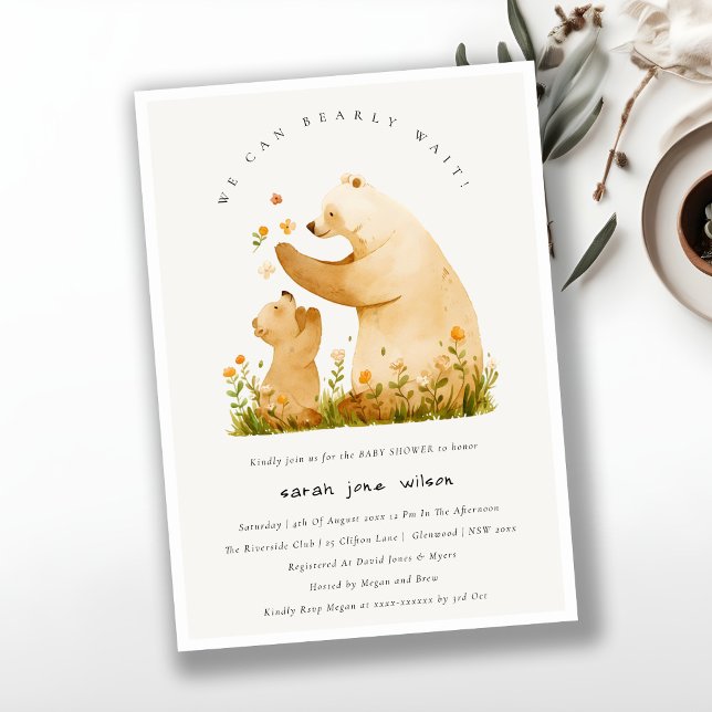 Baby Mum Bearly Wait Floral Neutal Baby Shower Invitation (Creator Uploaded)