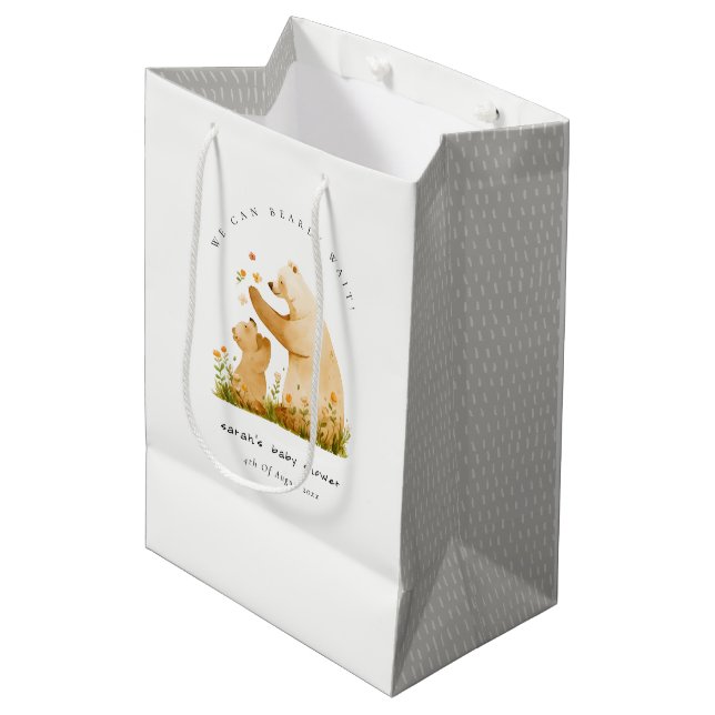 Baby Mum Bearly Wait Floral Neutal Baby Shower Medium Gift Bag (Front Angled)