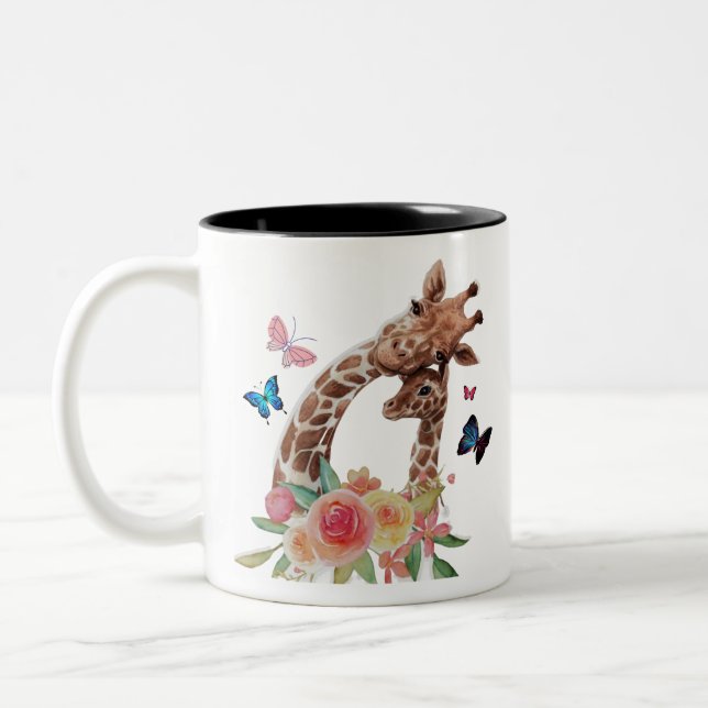 Baby & Mum Giraffe With Butterflies Two-Tone Coffee Mug (Left)