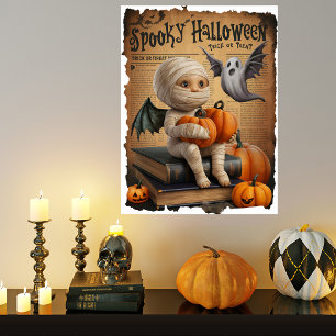Baby Mummy Ghost Vintage Halloween Newspaper Style Poster