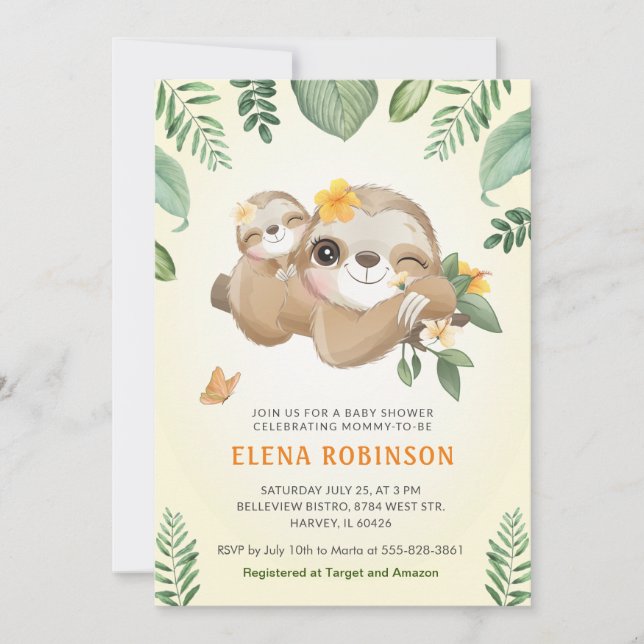 Baby Mummy Sloth Jungle Gender Neutral Baby Shower Invitation (Front)