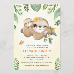 Baby Mummy Sloth Jungle Gender Neutral Baby Shower Invitation
