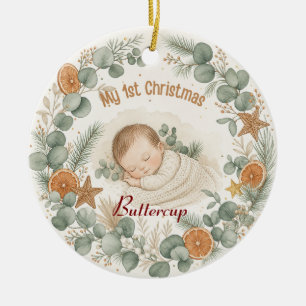 Baby My 1st Christmas Boho Sage Eucalyptus Ceramic Tree Decoration
