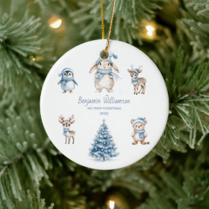 Baby My 1st Christmas Custom Woodland Blue Ceramic Tree Decoration