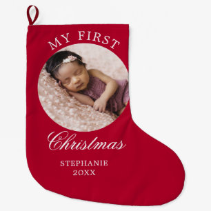 Baby My First Christmas Custom Photo Red Large Christmas Stocking