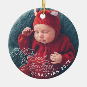 Baby My First Christmas Custom Text Photo Elegant Ceramic Tree Decoration