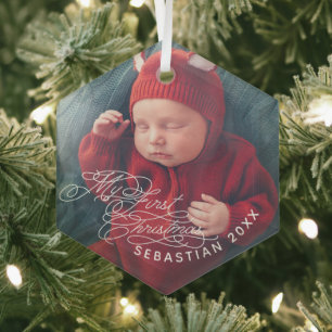 Baby My First Christmas Custom Text Photo Elegant Glass Tree Decoration