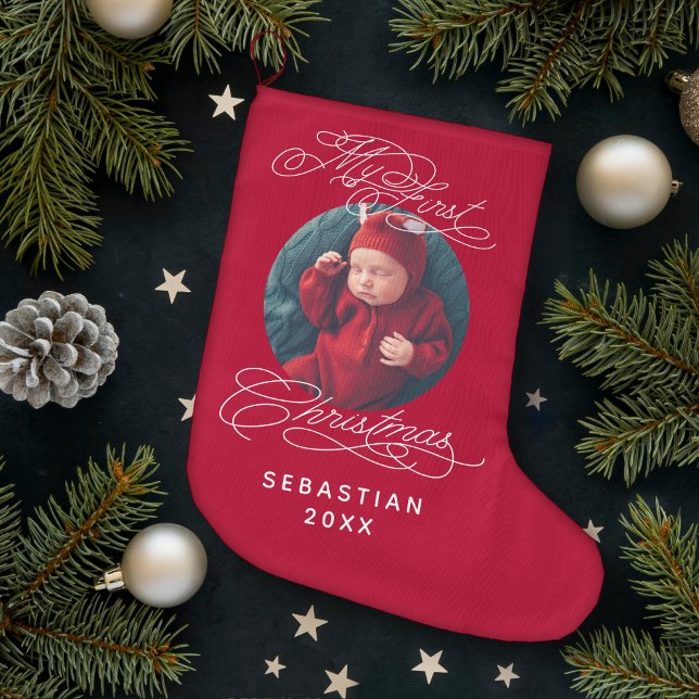 Baby My First Christmas Custom Text Photo Elegant Large Christmas Stocking (Creator Uploaded)