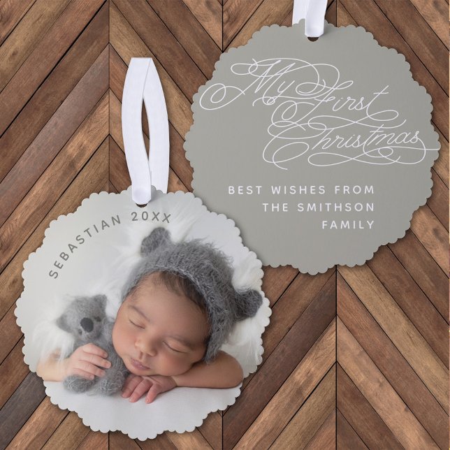 Baby My First Christmas Custom Text Photo Elegant Tree Decoration Card (Creator Uploaded)