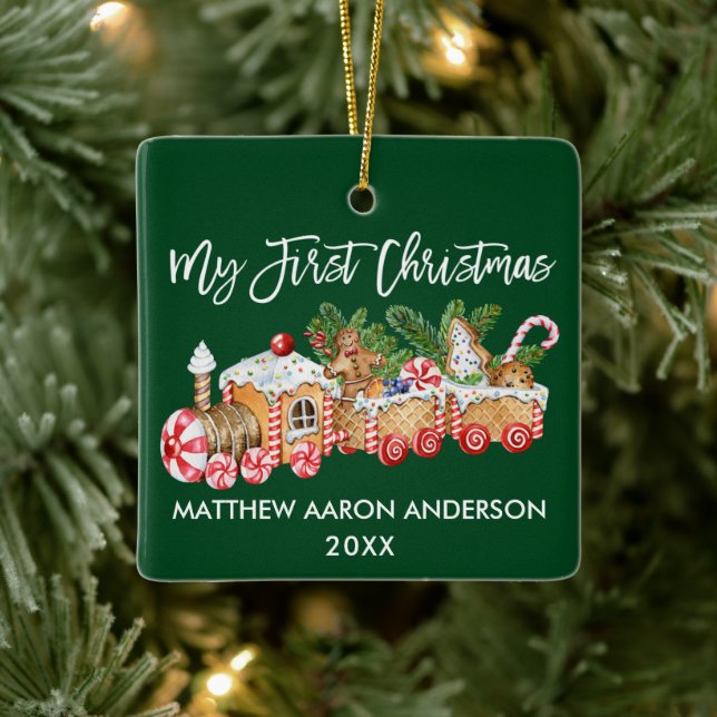 Baby My First Christmas Gingerbread Train Green Ceramic Ornament (Tree)