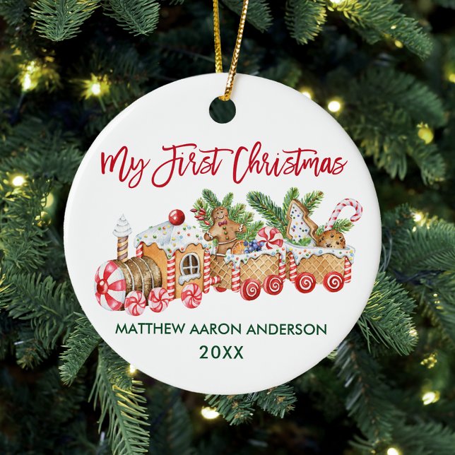 Baby My First Christmas Gingerbread Train Red Ceramic Tree Decoration (Baby's First Christmas Candy Cane Train Ornament)