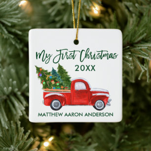 Baby My First Christmas Green Vintage Red Truck Ceramic Ornament