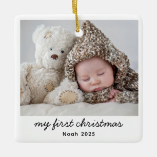 Baby My First Christmas Photo Modern Script Name Ceramic Ornament