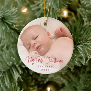 Baby My First Christmas Red Script Photo Ceramic Tree Decoration