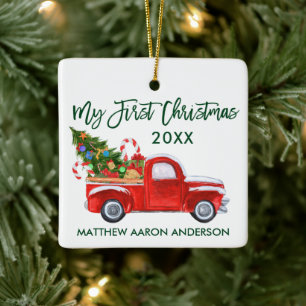 Baby My First Christmas Truck Tree Candy Canes Ceramic Ornament