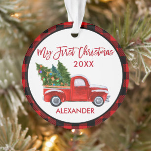 Baby My First Christmas Vintage Truck Red Plaid Ornament