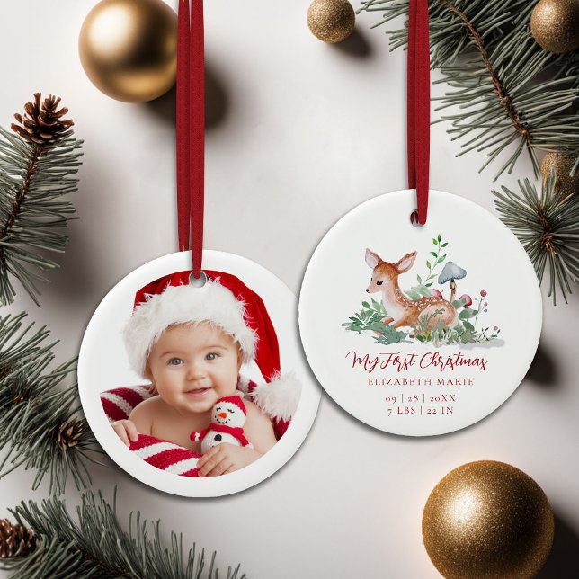 Baby My First Christmas Woodland Deer Photo  Ceramic Tree Decoration (baby my first christmas ornament woodland deer mushrooms photo template red calligraphy)