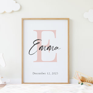 Baby Name & Birth Date Modern Monogram Print