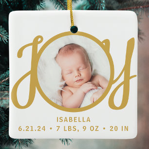 Baby Name Birth Stats Photo Gold Script Keepsake Ceramic Ornament