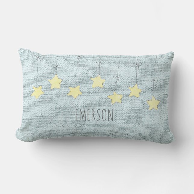 Baby Name Birthdate Pastel Green Nursery Stars Lumbar Cushion (Front)