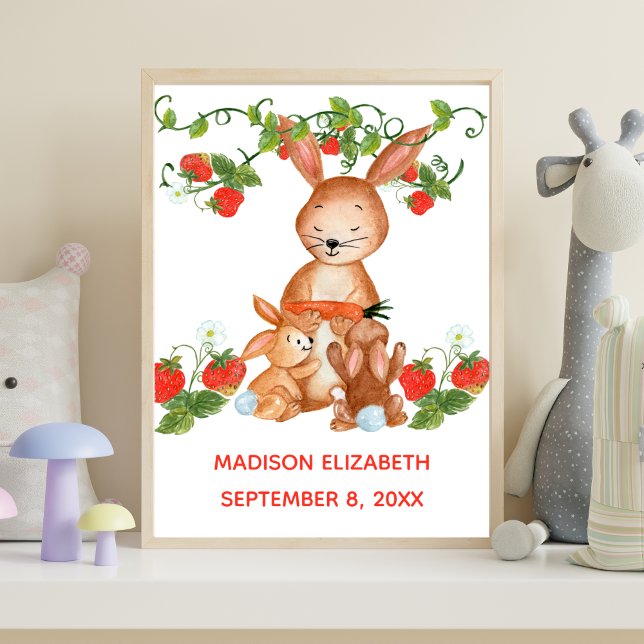 Baby Name Birthday Baby Bunny Strawberry Nursery Poster (Mama Bunny Baby Bunny Strawberries Personalized Nursery Wall Art digital or printed.)