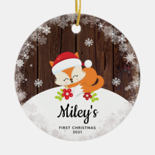 Baby Name First Christmas Fox Snowflake Wood Ceramic Tree Decoration