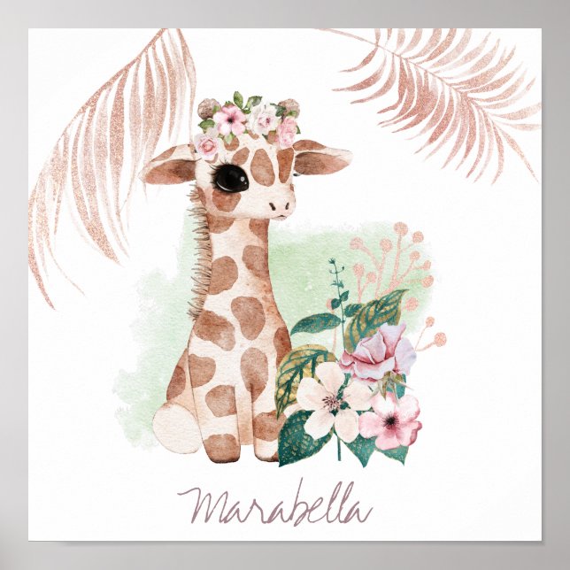 *~* Baby Name Giraffe Rose Gold Girl Jungle Sweet Poster (Front)